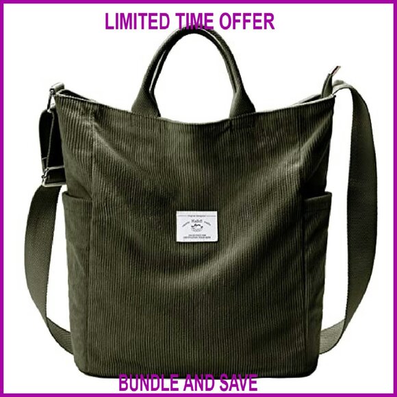 Large Corduroy Tote Bag with Zipper, Adjustable Strap for Work Travel - Picture 2 of 8